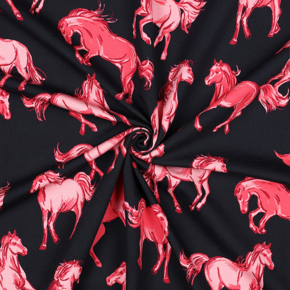 French Terry marineblau mit rosa Pferden (Digitaldruck)