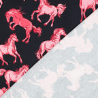 French Terry marineblau mit rosa Pferden (Digitaldruck)