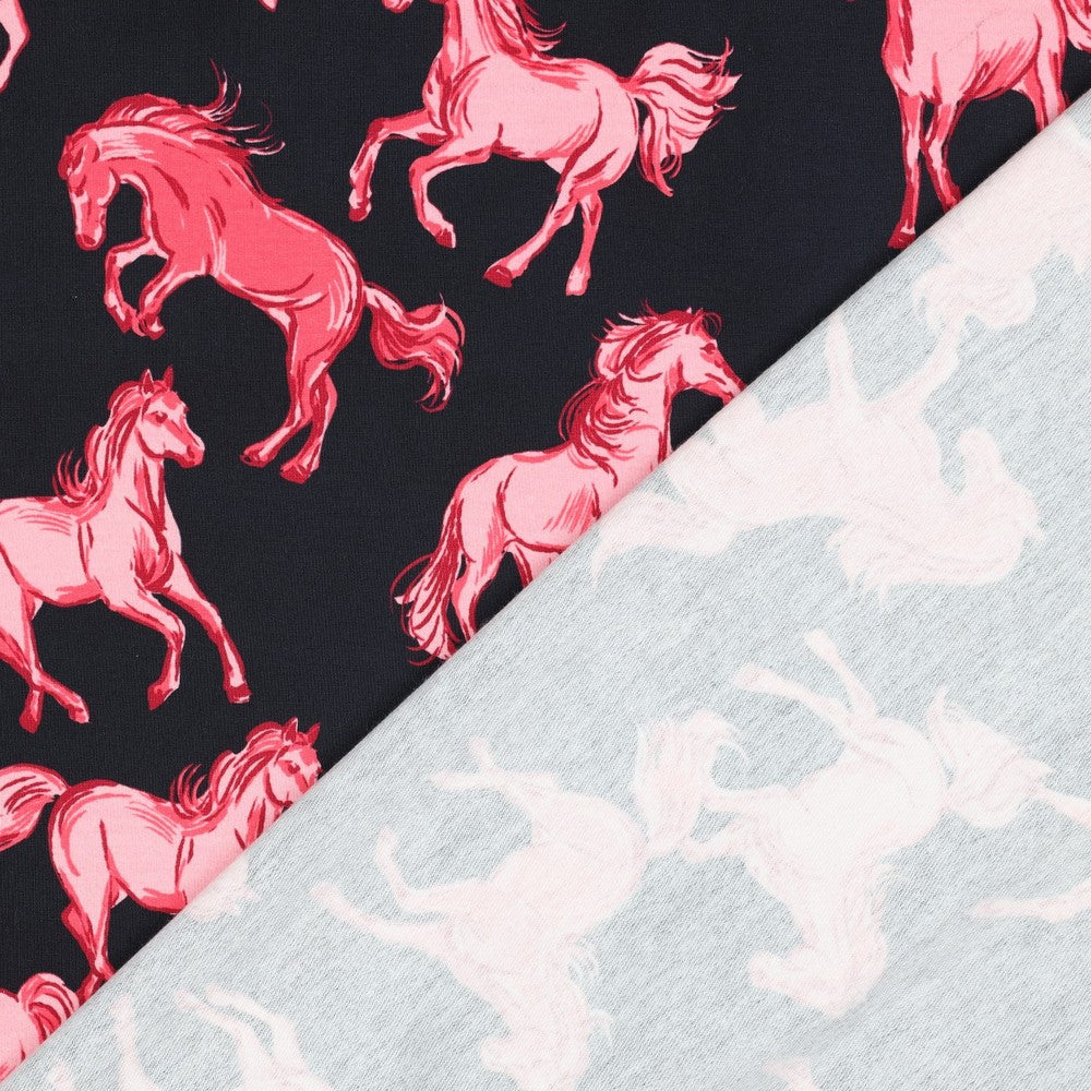 French Terry marineblau mit rosa Pferden (Digitaldruck)