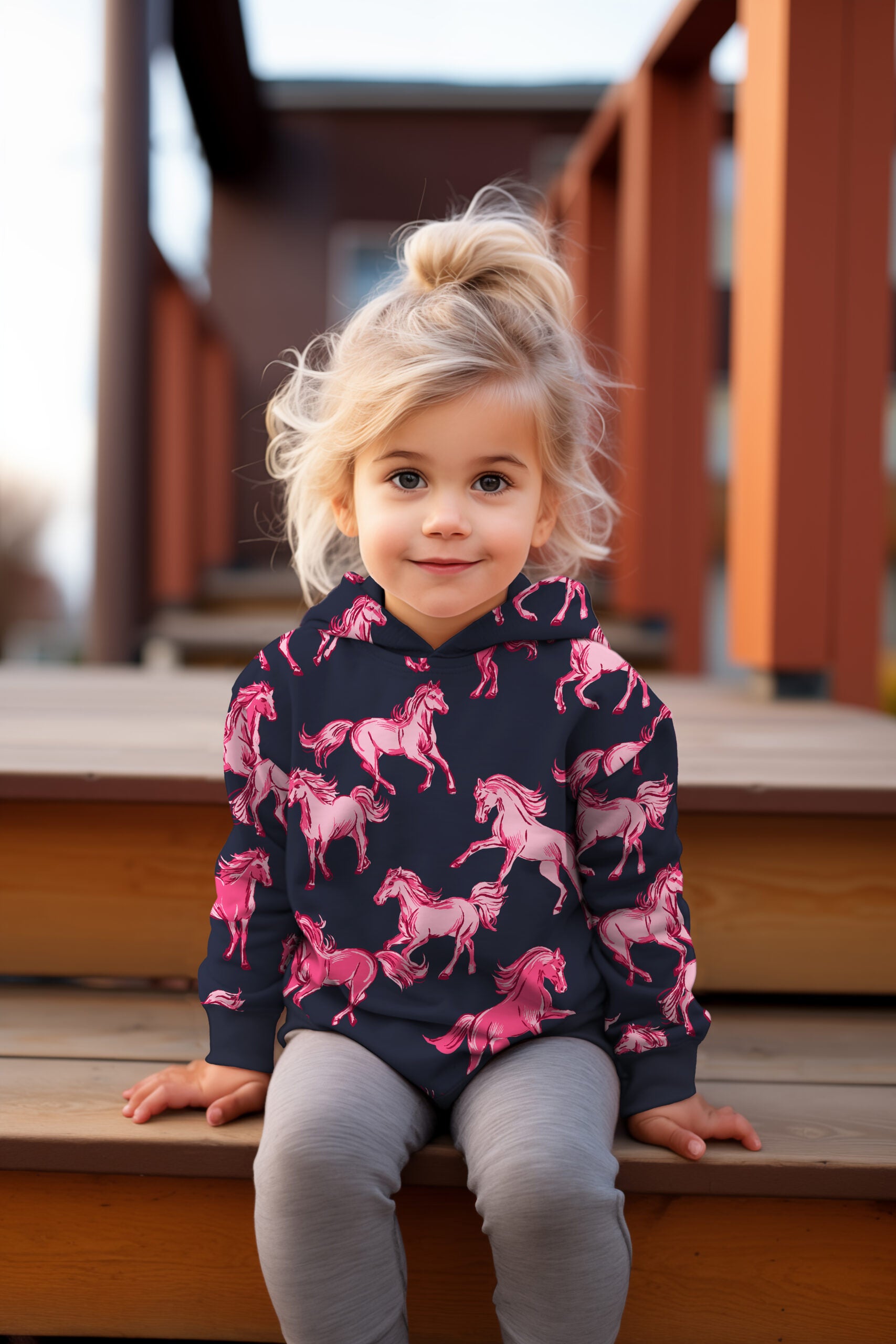 French Terry marineblau mit rosa Pferden (Digitaldruck)