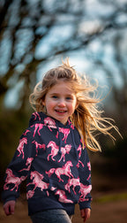 French Terry marineblau mit rosa Pferden (Digitaldruck)