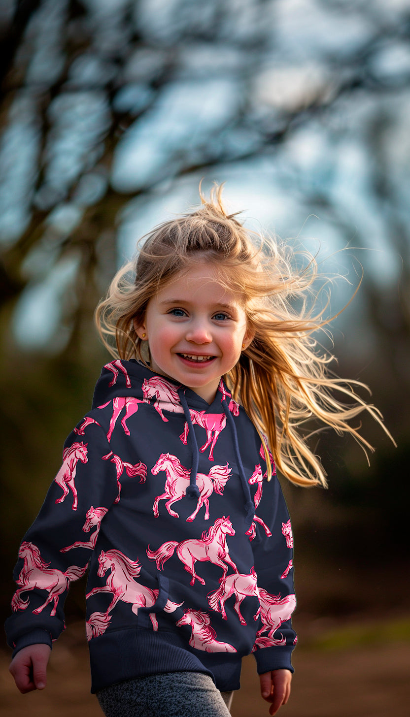 French Terry marineblau mit rosa Pferden (Digitaldruck)