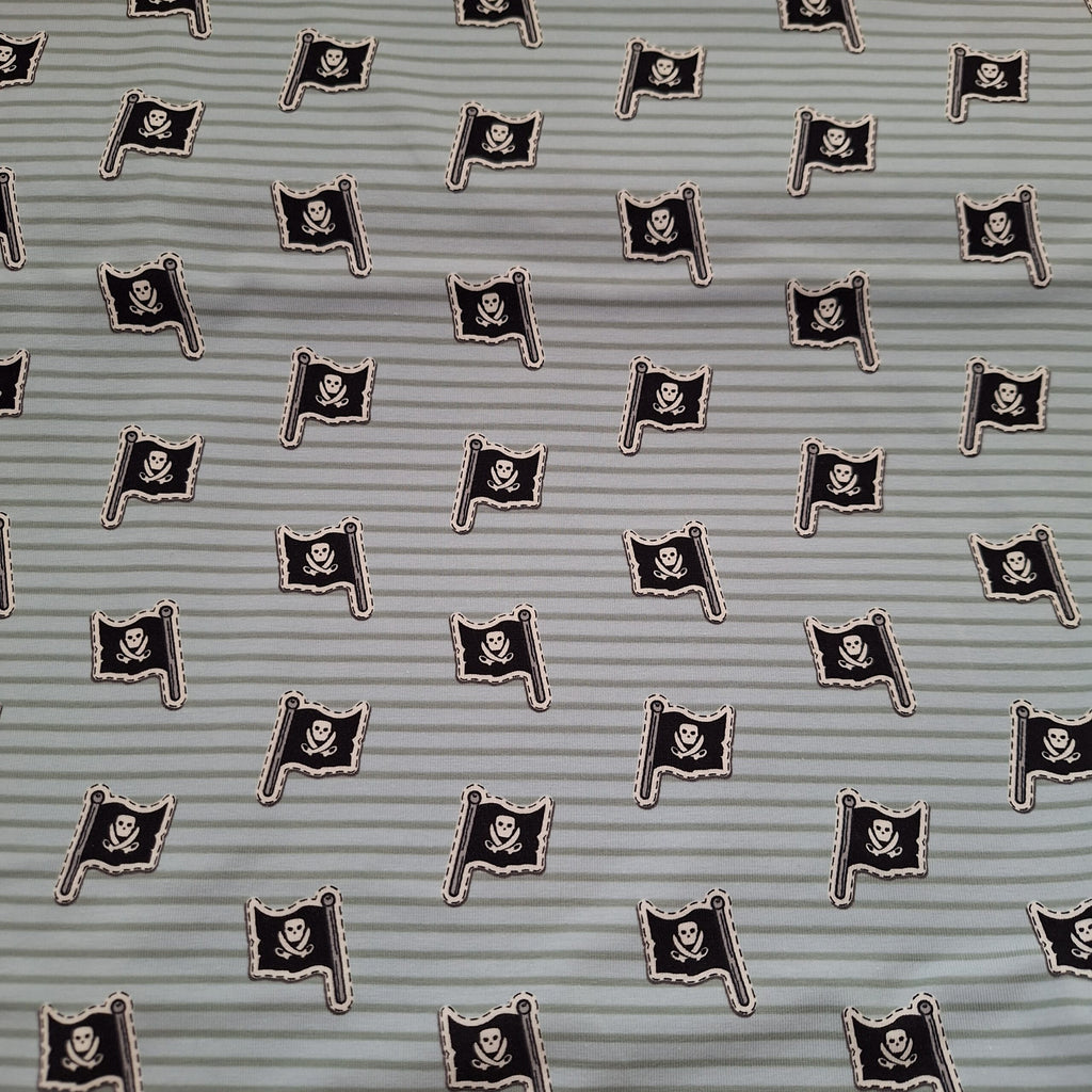 Baumwolljersey hellblau-grün gestreift mit Piratenflaggen