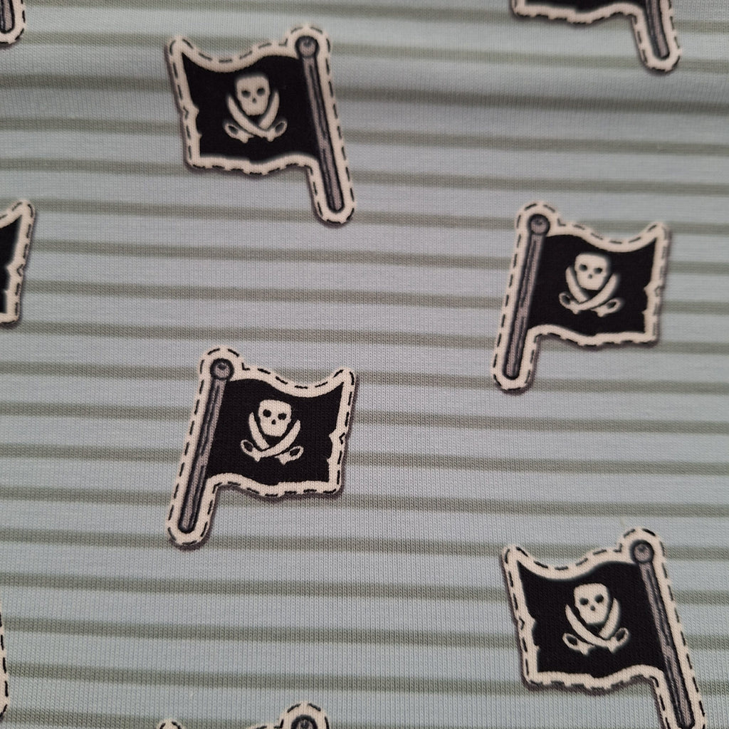 Baumwolljersey hellblau-grün gestreift mit Piratenflaggen
