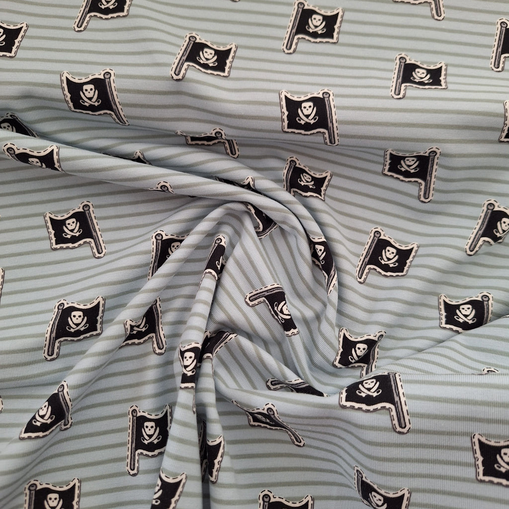Baumwolljersey hellblau-grün gestreift mit Piratenflaggen