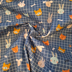 Popeline blau kariert mit Tiermotiven