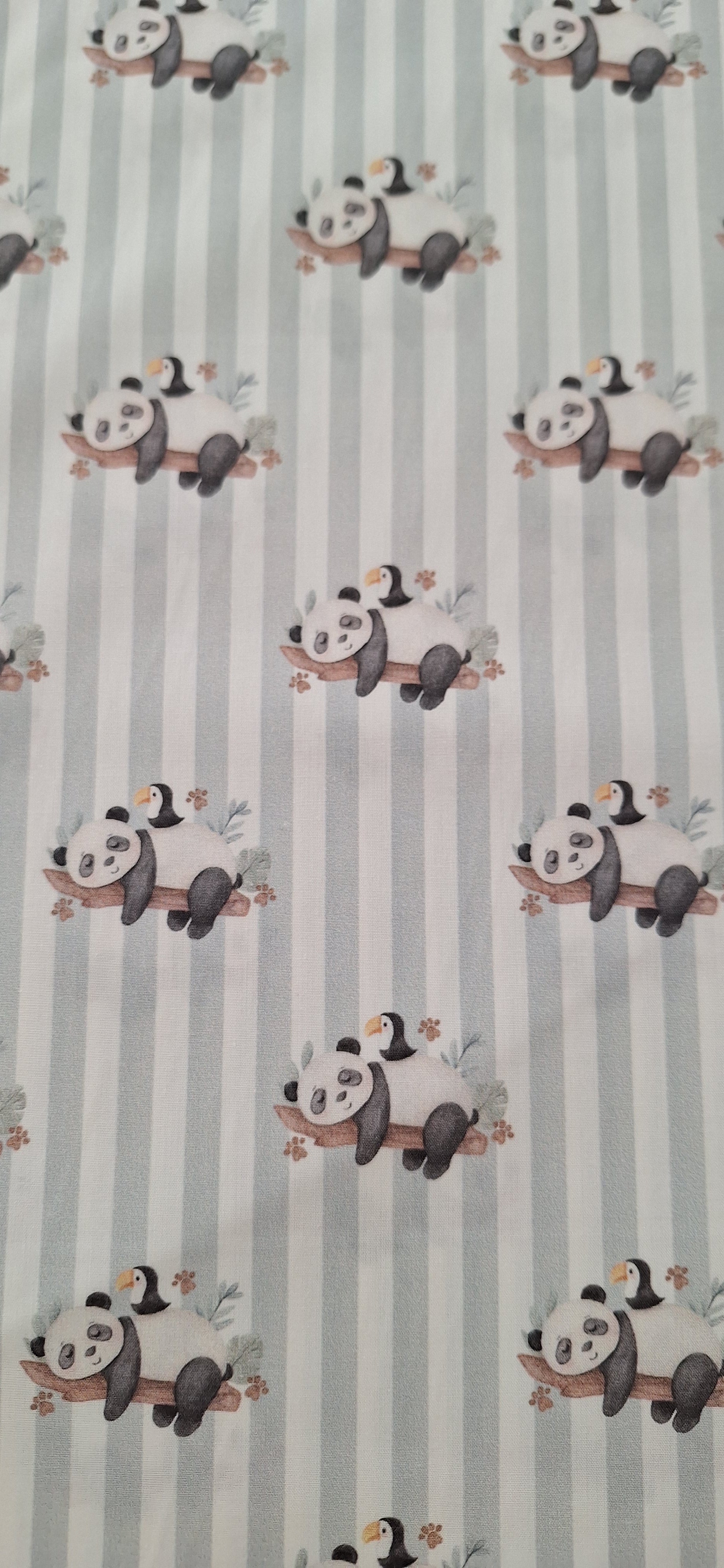 Popeline weiß-grün gestreift mit Pandabären