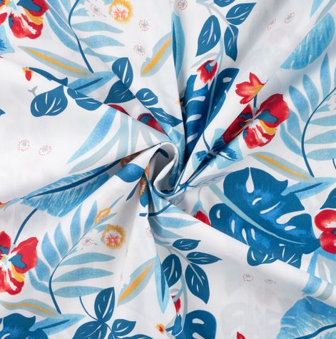 Popeline weiß mit tropischen Blüten