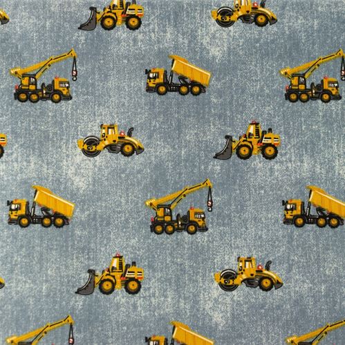Popeline jeansblau mit Baufahrzeugen