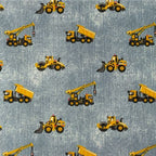 Popeline jeansblau mit Baufahrzeugen