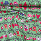 Baumwolljersey hellgrün mit Tier- und Herzmotiven