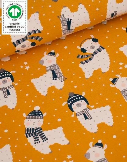 Bio-Baumwolljersey gelb mit Lamas (GOTS-zertifiziert)