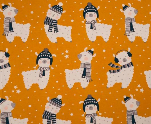 Bio-Baumwolljersey gelb mit Lamas (GOTS-zertifiziert)