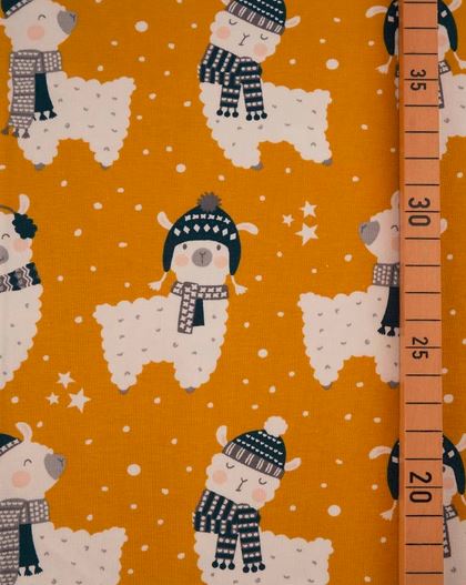 Bio-Baumwolljersey gelb mit Lamas (GOTS-zertifiziert)