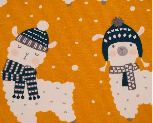 Bio-Baumwolljersey gelb mit Lamas (GOTS-zertifiziert)