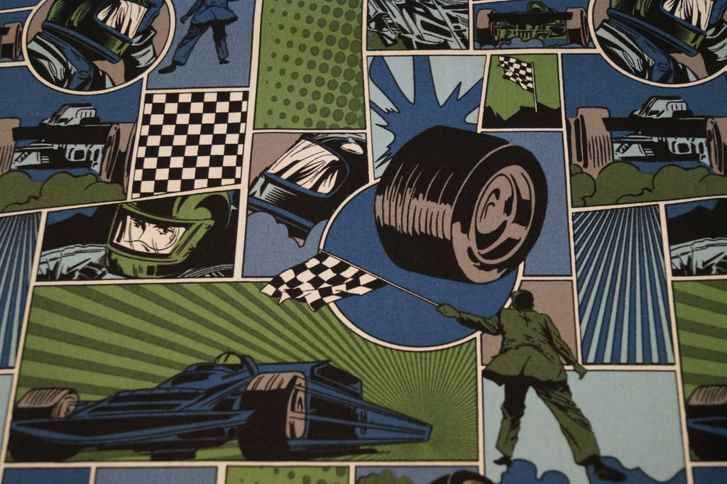 Popeline grün/blau mit Autorennsportmotiven