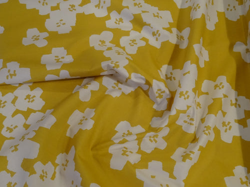 Baumwolle senfgelb mit Blumen (PU beschichtet)