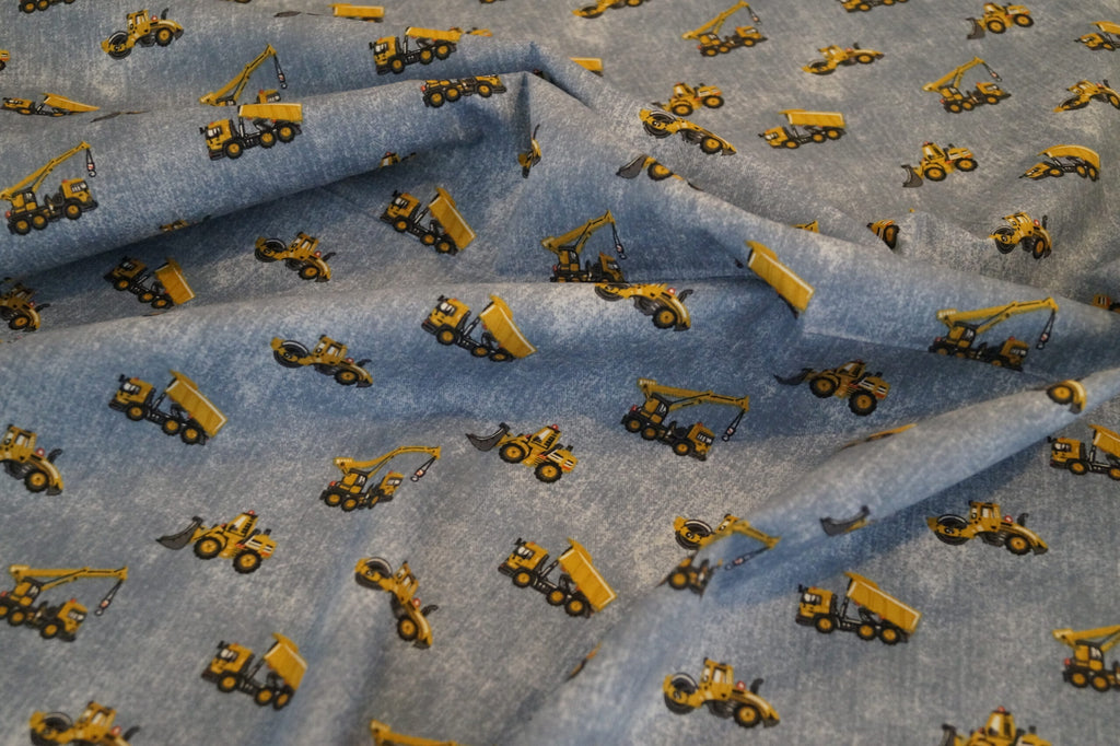 Popeline jeansblau mit Baufahrzeugen