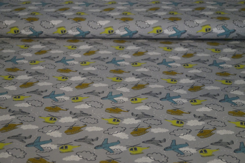 Baumwolljersey grau mit Flugzeugen