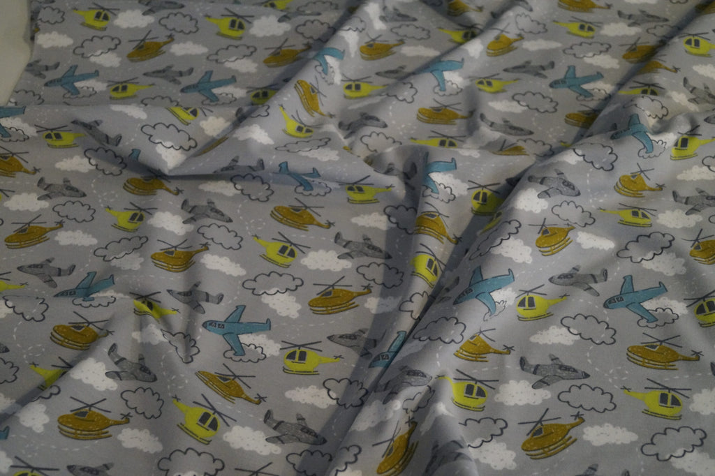 Baumwolljersey grau mit Flugzeugen