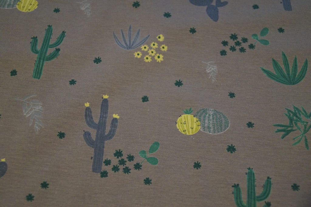 Baumwolljersey mittelgrau mit Kakteen