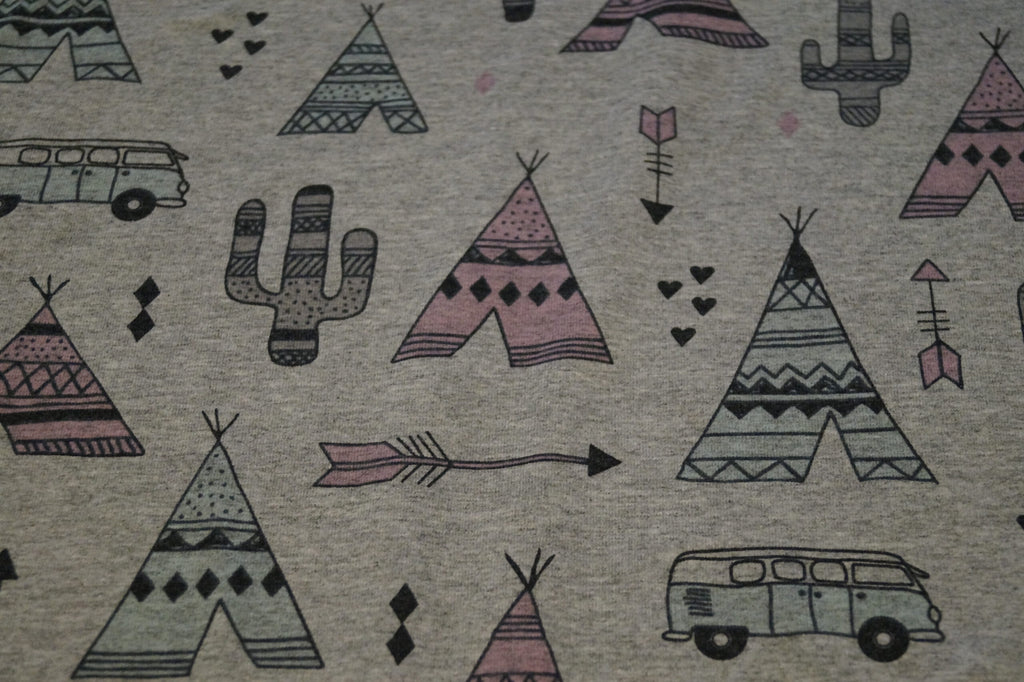 Baumwolljersey grau meliert mit Indianermotiven