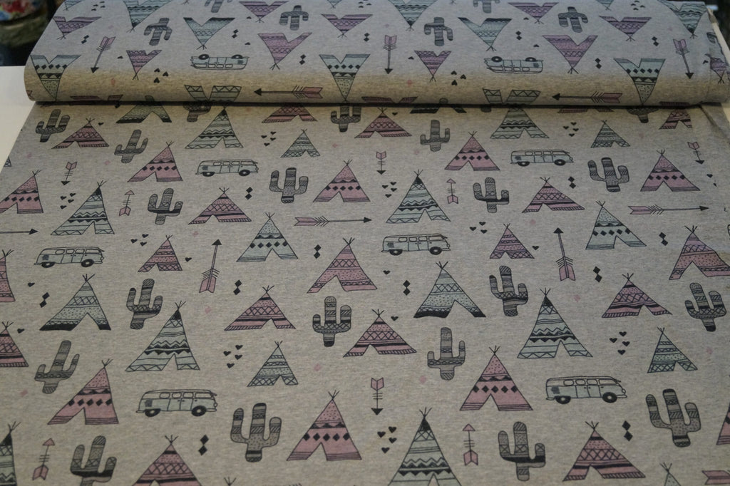 Baumwolljersey grau meliert mit Indianermotiven