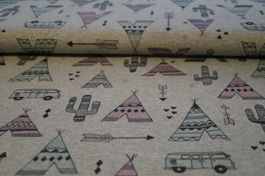 Baumwolljersey grau meliert mit Indianermotiven