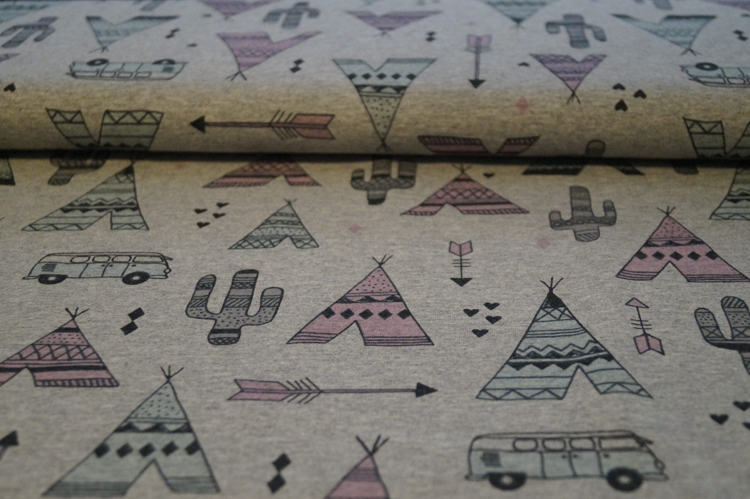 Baumwolljersey grau meliert mit Indianermotiven
