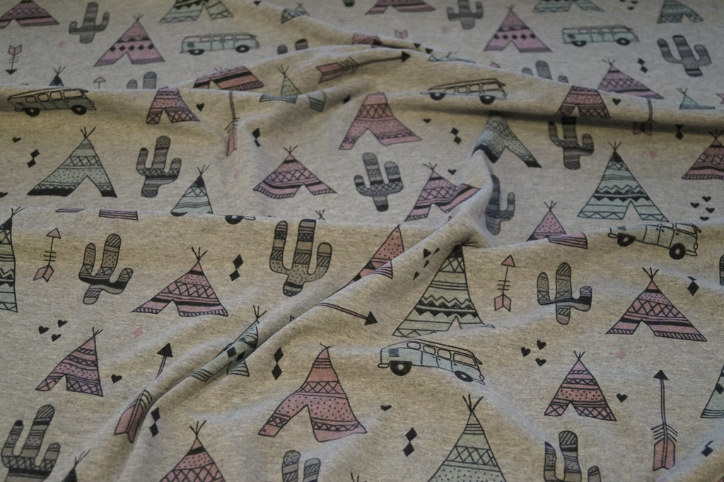 Baumwolljersey grau meliert mit Indianermotiven