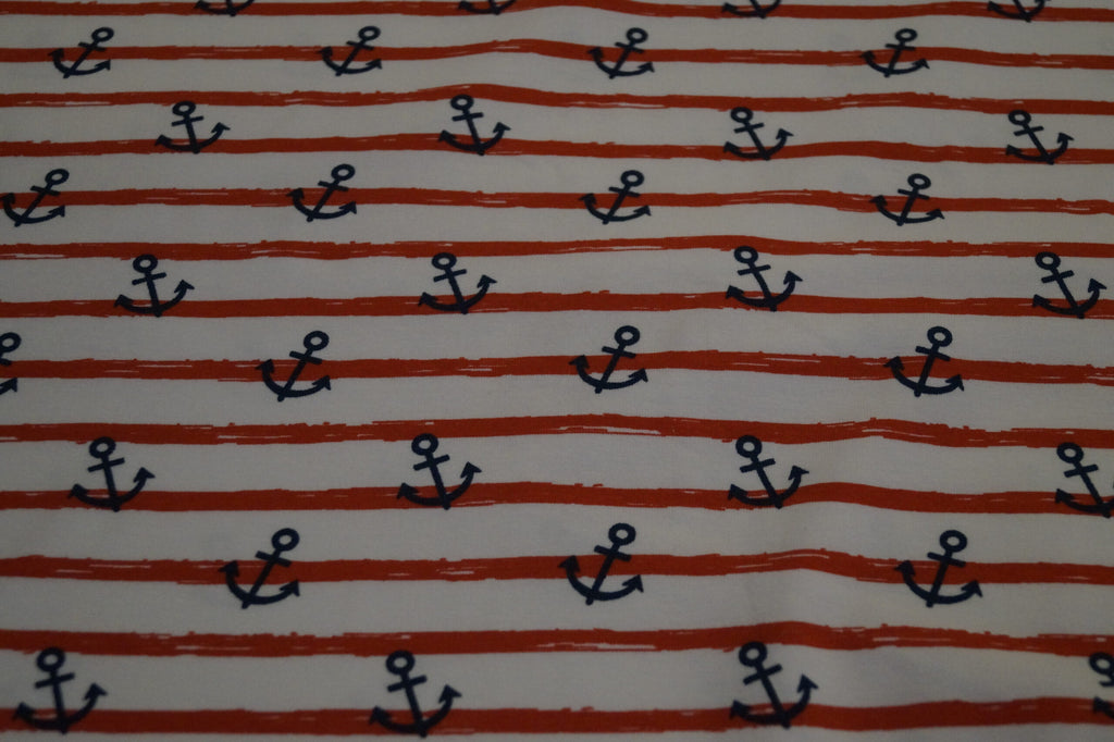 Bio-Baumwolljersey rot/weiß gestreift mit Ankern (GOTS-zertifiziert)