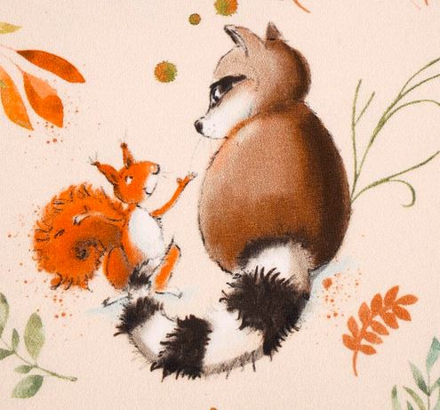 Bio-Baumwolljersey beige mit Waldtieren (GOTS-zertifiziert)