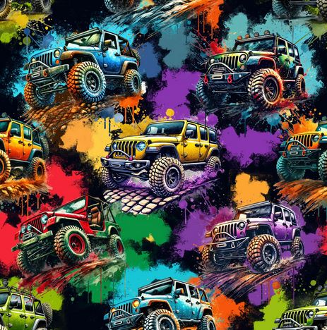 Joggingstoff bunt mit Monster Trucks (Digitaldruck)