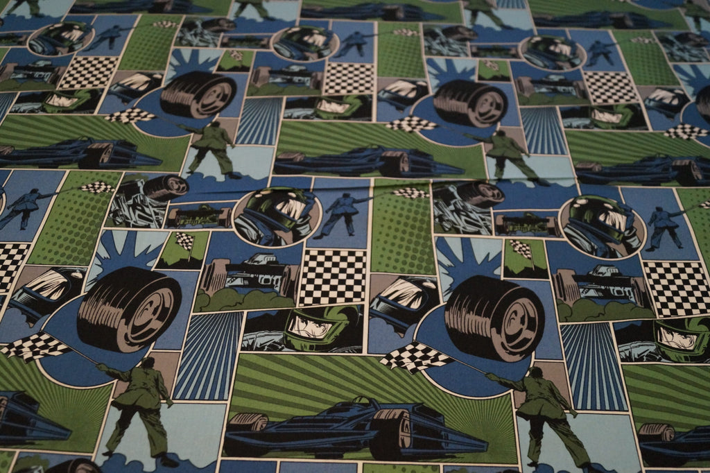 Popeline grün/blau mit Autorennsportmotiven