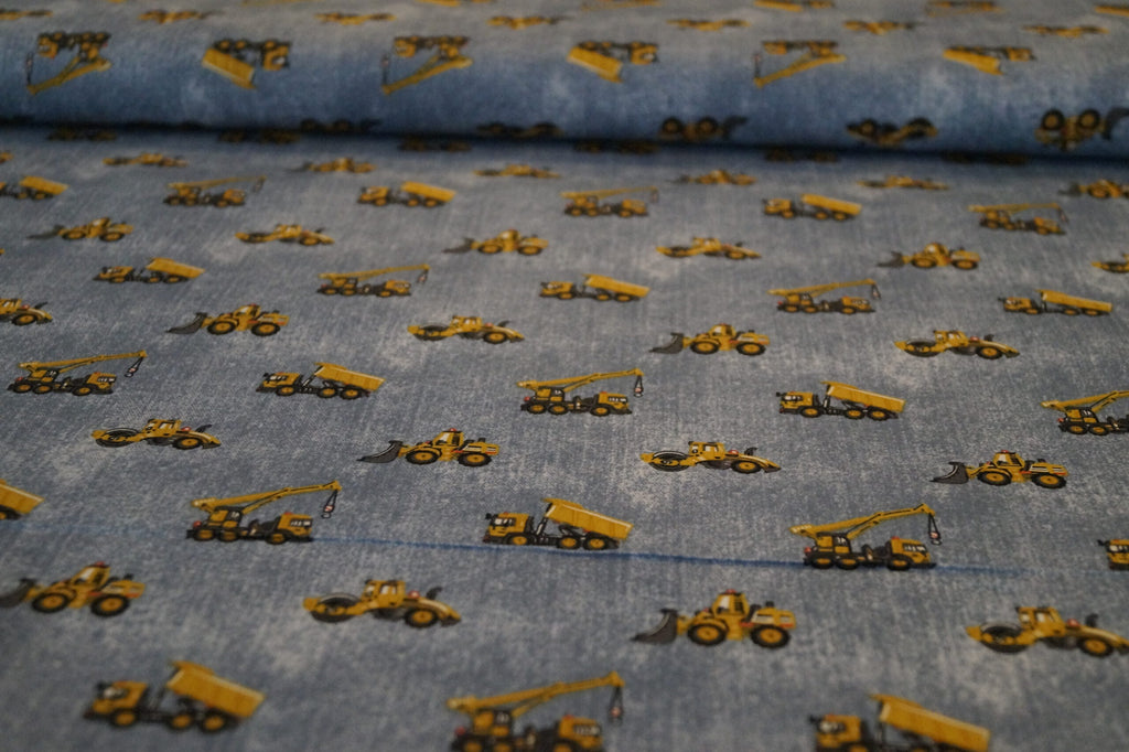 Popeline jeansblau mit Baufahrzeugen