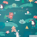 Regenjackenstoff dunkelgrün mit Tiermotiven