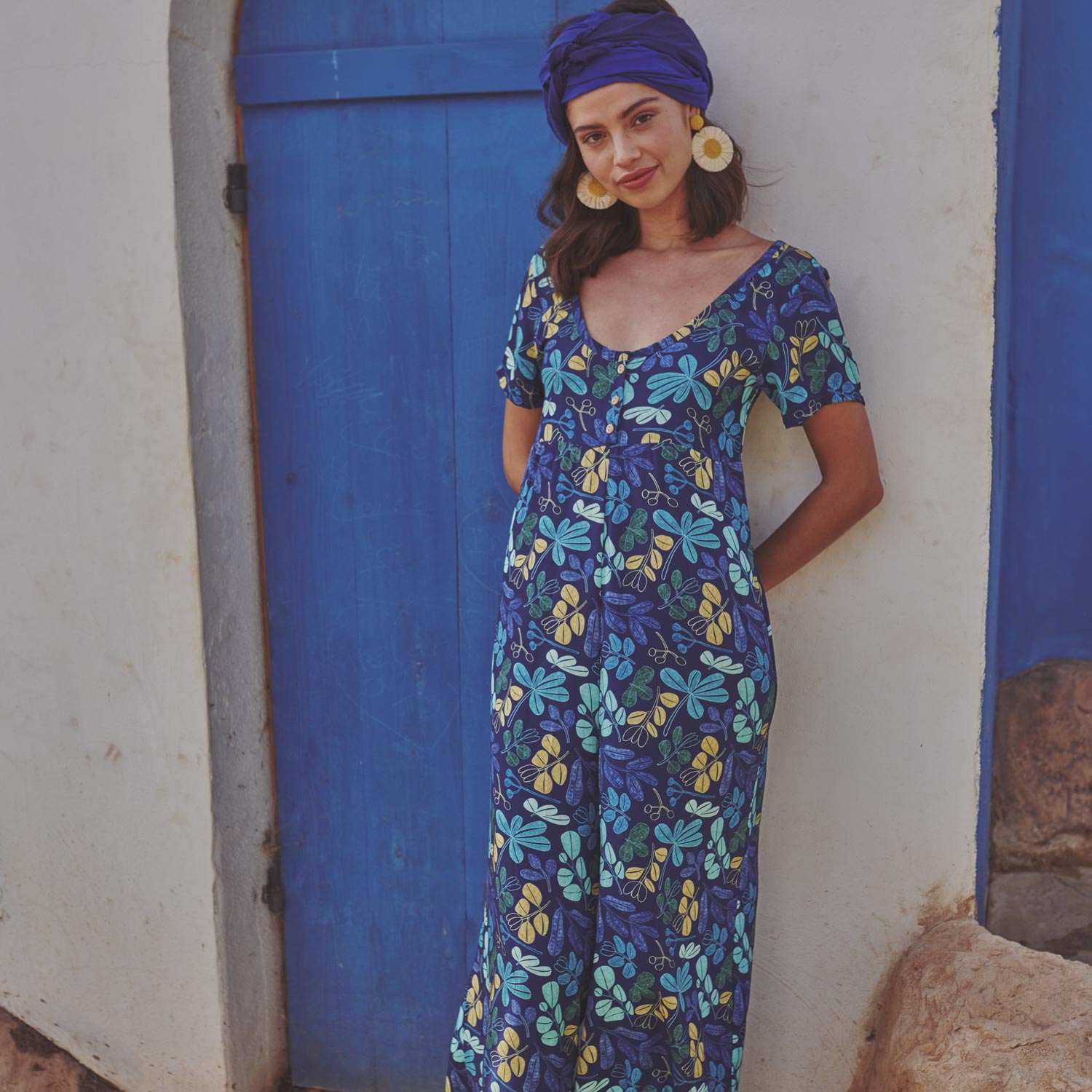 Ecoviskose dunkelblau mit Blättern (Ecovero)