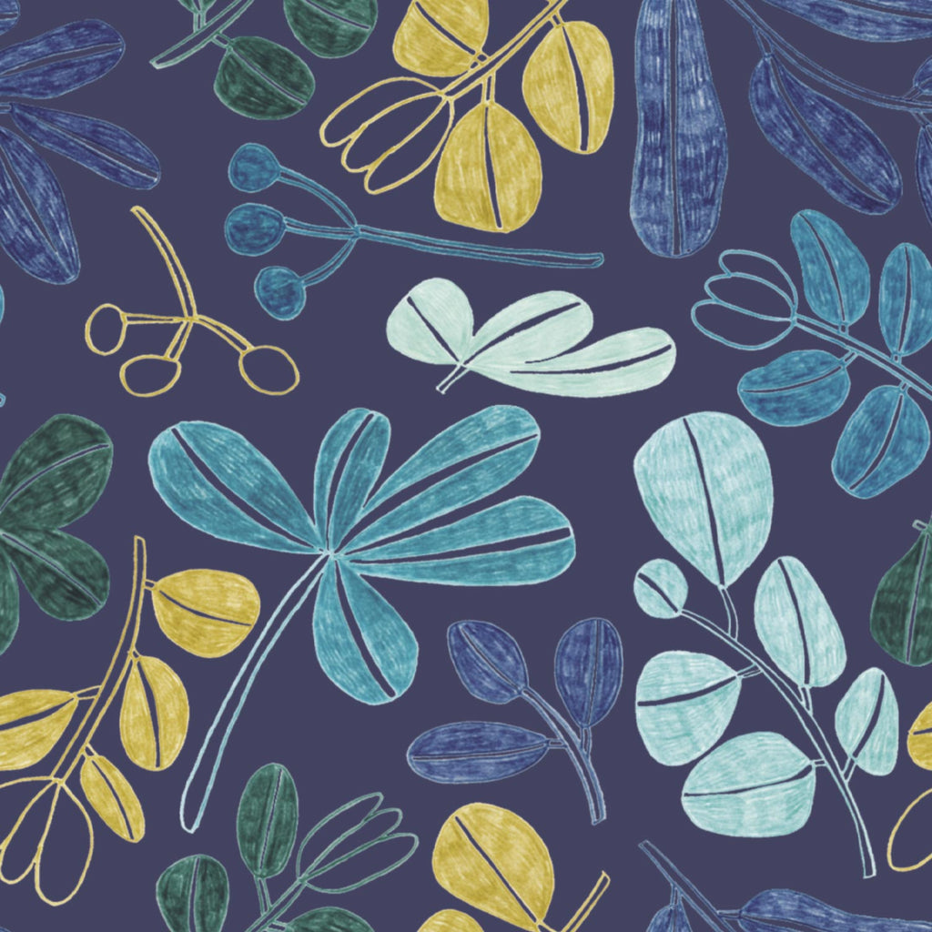 Ecoviskose dunkelblau mit Blättern (Ecovero)