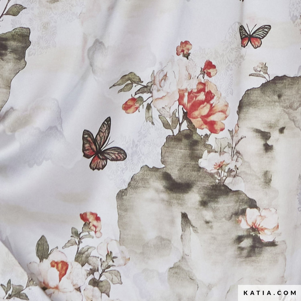 Satin Jacquard beige mit Schmetterlingen
