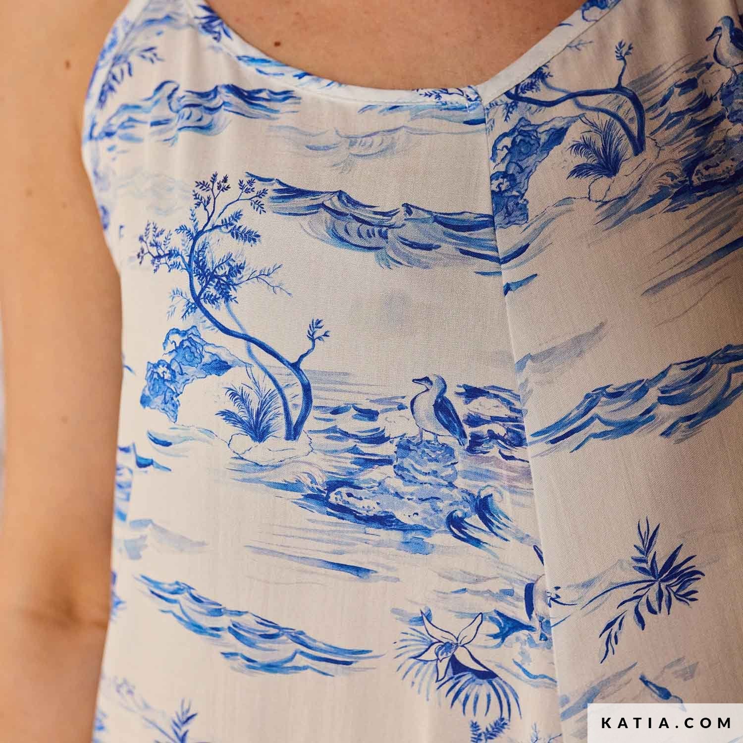 Viskose weiß mit blauen Seevögelmotiven